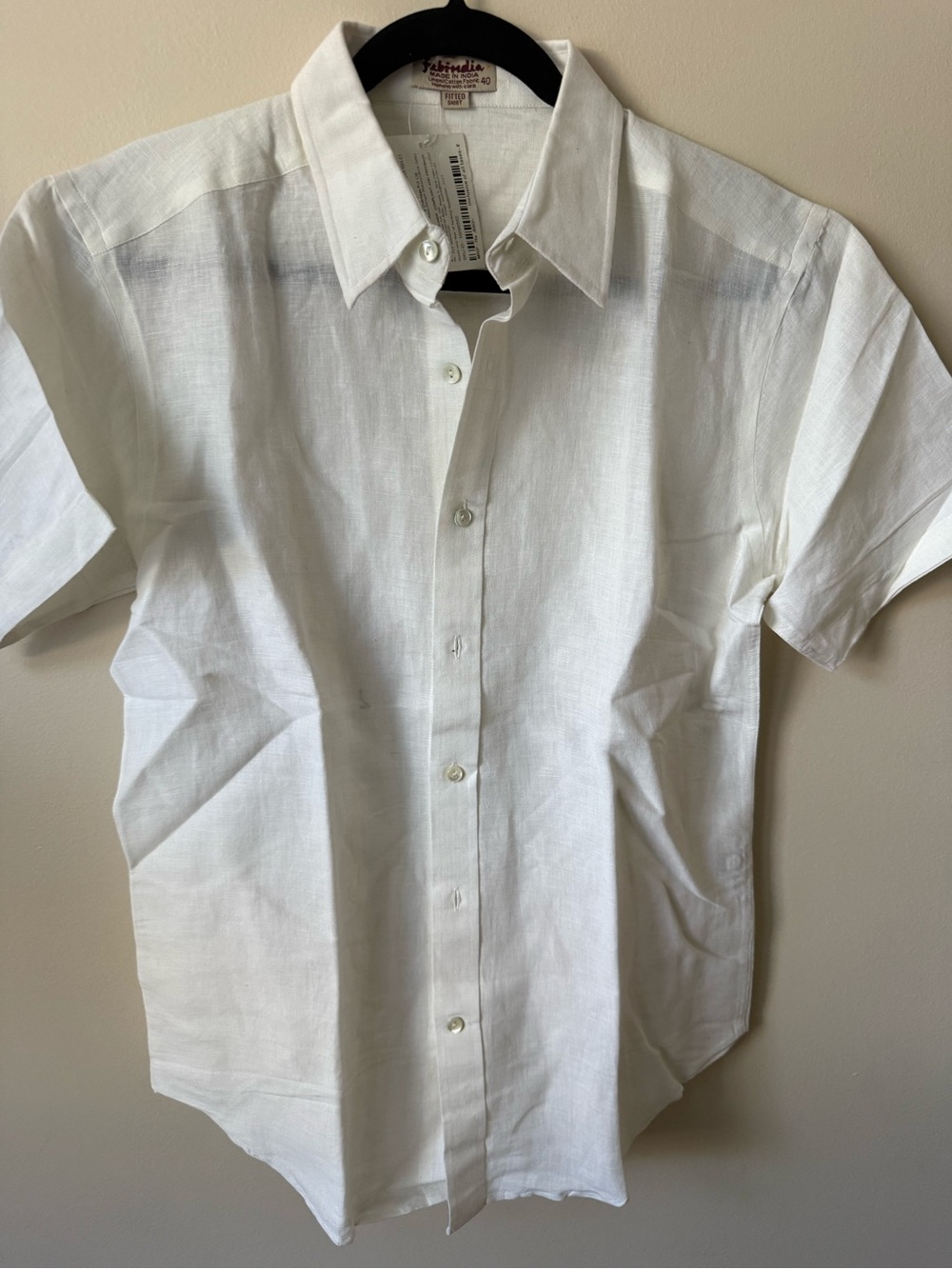 NWT fabindia Men’s White Linen Fitted Short Sleeve Shirt Size 40 - Picture 2 of 4